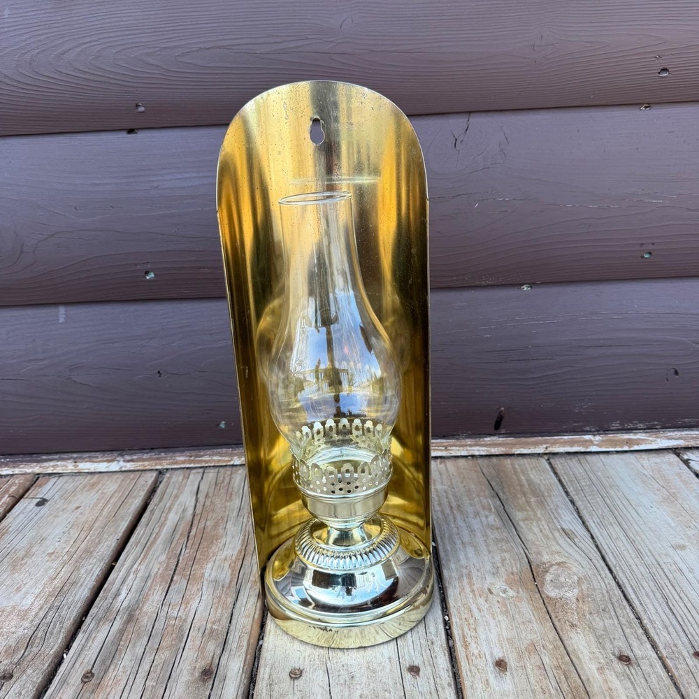 Vintage Brass Hurricane Candle Lamp Wall Sconce Gold Tone 15 Inch Glass Chimney